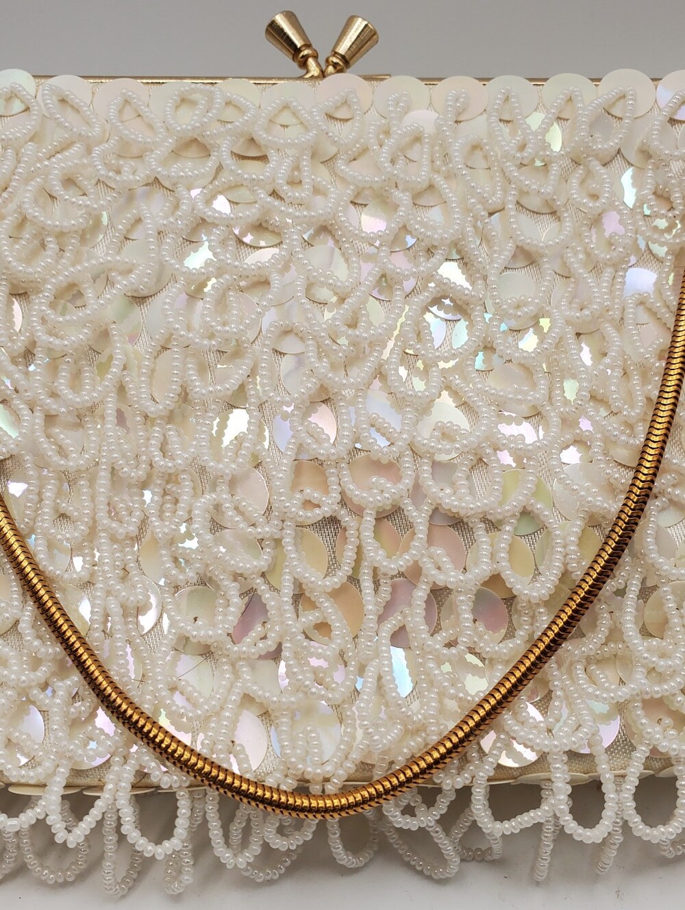 Vintage 1950s-60s Hand Made in Hong Kong White Beaded Sequin Evening Clutch BagS